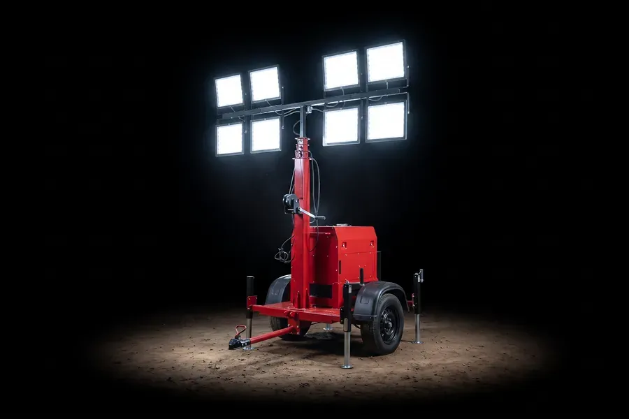 Torre de iluminação Revlo RV 4800 acesa em operação noturna